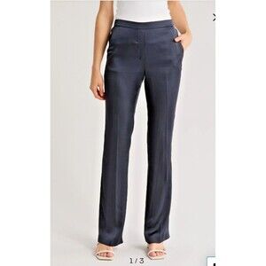 Theory Women's Navy Blue Slim Fit Crushed Satin Pants Sz 12